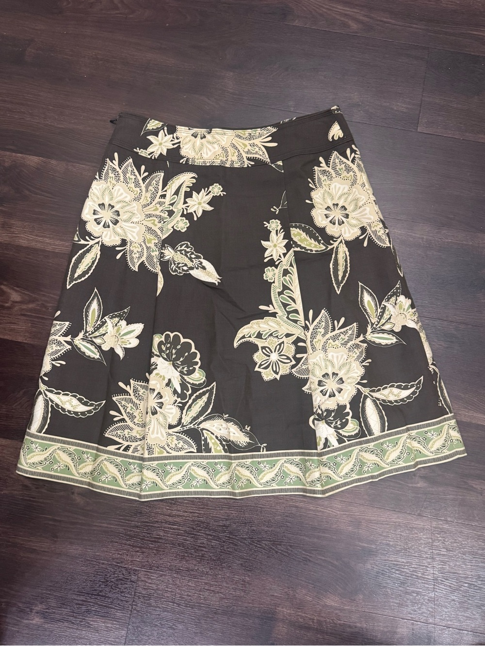 Ann Taylor Brown Green and Cream Floral A-Line Silk Blend Skirt